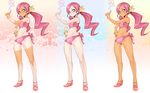  bikini blush bow bracelet dark_skin drill_hair flat_chest flower hair_flower hair_ornament hanasaki_tsubomi hand_on_hip heartcatch_precure! highres jewelry legs long_hair masn_(moxi) navel one-piece_tan pale_skin pink_bow pink_hair precure purple_eyes side-tie_bikini smile solo swimsuit tan tanline twintails 