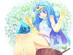  :d :o antenna_hair arms_up bangs bare_shoulders belt blue_eyes blue_hair blue_skin blush body_blush breasts cape circlet cleavage dragon_quest dragon_quest_iii dress elbow_gloves fantasy flower gem gloves in_tree leaf legs long_hair looking_down medium_breasts monster nature open_mouth outdoors sage_(dq3) short_dress sidelocks sitting sitting_in_tree sitting_on_lap sitting_on_person slime_(dragon_quest) smile surprised tansan3 tree tree_stump 