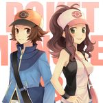  1girl bad_id bad_pixiv_id bag bare_shoulders baseball_cap between_breasts breasts brown_eyes brown_hair chocolate_nuts green_eyes hat jacket messenger_bag pokemon pokemon_(game) pokemon_bw ponytail shoulder_bag strap_cleavage touko_(pokemon) touya_(pokemon) vest 