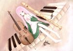  apron bass_clef cello green_eyes hair_ornament hairclip instrument long_hair miako momone_momo piano_keys pink_hair recorder sitting smile solo treble_clef utau 