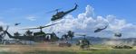  agnidevi aircraft ch-47_chinook cloud day dust ground_vehicle helicopter highres landscape military motor_vehicle multiple_boys original palm_tree river scenery sky taking_off tree truck uh-1_iroquois water 
