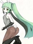  animal_ears aqua_hair ass boots bunny_ears fingerless_gloves gloves green_eyes grey_leotard hatsune_miku highres kneeling leotard long_hair looking_back pantyhose simple_background solo twintails very_long_hair vocaloid yatsuhashi 