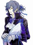  bad_id bad_pixiv_id black_hair blue_flower blue_rose bouquet flower formal gilbert_nightray gloves hamayoshi male_focus pandora_hearts rose simple_background solo trench_coat yellow_eyes 