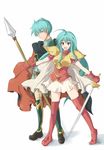  1girl ahoge aqua_hair bad_id bad_pixiv_id blue_eyes breastplate brother_and_sister echizen_(hvcv) eirika ephraim fire_emblem fire_emblem:_seima_no_kouseki gloves highres legs long_hair polearm shoulder_pads siblings smile spear sword thighhighs weapon zettai_ryouiki 