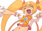  :d blonde_hair bow chacha_(tyatya) choker cure_sunshine hair_ribbon happy heart heartcatch_precure! long_hair magical_girl midriff myoudouin_itsuki navel open_mouth orange_choker outstretched_arms precure ribbon smile solo spread_arms twintails very_long_hair white_background yellow_bow 