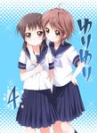  arm_around_neck asami_(yuri_yuri) brown_eyes brown_hair copyright_name hair_ornament hairclip kawaguchi_(yuri_yuri) multiple_girls namori original school_uniform serafuku skirt yuri_yuri 