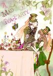  1girl brown_hair couple dress drink emily_(pandora_hearts) food hair_over_one_eye hat hetero long_hair pandora_hearts ponytail purple_eyes red_eyes sharon_rainsworth short_hair silver_hair sitting smile tea top_hat xerxes_break zyuzituyasai 