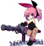  :o bad_id bad_pixiv_id black_gloves black_leotard blush blush_stickers boots chibi eyebrows_visible_through_hair full_body gatling_gun gloves gun haru_(muteki_sensei) holding holding_gun holding_weapon leg_up leotard muteki_sensei pantyhose petite plump ponytail purple_eyes purple_hair shell_casing simple_background slit_pupils solo weapon white_background zankuro 