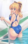  aqua_eyes ass blonde_hair cassandra_alexandra competition_swimsuit from_behind highres kihaiu looking_back one-piece_swimsuit ponytail pool pool_ladder poolside refraction soulcalibur swimsuit wading 
