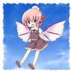  alternate_costume alternate_hairstyle animal_ears arms_behind_back bad_id bad_pixiv_id bow earrings full_body fuuen_(akagaminanoka) hair_bow jewelry midriff mystia_lorelei navel open_mouth pink_eyes pink_hair ponytail sandals short_hair shorts sky smile solo touhou wings 