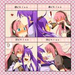  &gt;_&lt; 1boy 1girl ami_(wonderland99) anger_vein angry biting closed_eyes couple ear_biting heart hetero highres kamui_gakupo kiss long_hair megurine_luka nail_polish pink_hair punching purple_hair purple_nails takoluka tsundere vocaloid 