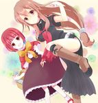  akai_ringo_(ookami-san) bad_id bad_pixiv_id basket boots brown_eyes brown_hair dress dutch_angle knee_boots kneehighs long_hair multiple_girls ookami-san ookami_ryouko red_eyes red_hair runa_(biscuit_union) school_uniform serafuku short_hair side_slit skirt socks 