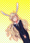  animal_ears blush bunny_ears highres long_hair maria-sama_ga_miteru open_mouth school_uniform shirotae_(robamimi) simple_background solo surprised toudou_shimako 