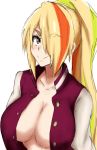  1girl blonde_hair breasts cleavage eyebrows_visible_through_hair green_hair hair_over_one_eye kinkin18 large_breasts light_blush long_hair looking_at_viewer multicolored_hair nikaidou_saki no_bra nreasts open_clothes orange_eyes orange_hair ponytail simple_background smile solo standing tied_hair upper_body white_background zombie zombie_land_saga 