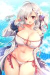  1girl :d ahoge armpit_crease artist_name bangs bare_shoulders bikini black_ribbon blue_sky blush breasts bubble cameltoe cleavage cleavage_cutout cloud cloudy_sky collarbone commentary_request cowboy_shot day eyebrows_visible_through_hair flower girls_frontline gluteal_fold groin hair_flower hair_ornament hair_ribbon hand_up highres jacket large_breasts long_hair long_sleeves looking_at_viewer maett navel off_shoulder open_mouth outdoors red_eyes ribbon ripples side-tie_bikini sidelocks sky sleeves_folded_up smile solo spas-12_(girls_frontline) standing stomach swimsuit wavy_hair white_bikini white_flower white_hair white_jacket 