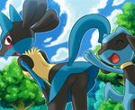  anthro ass bent_over black_fur blue_fur blush breasts butt couple duo embarrassed eyes_closed fangs female fur hand_on_leg looking_at_viewer looking_back lowres lucario nintendo open_mouth pok&#233;mon pok&#233;morph pokemon raised_tail red_eyes riolu side_boob skirt skirt_lift spikes teeth unknown_artist video_games yellow_fur 
