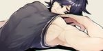  armpits au_ra biceps black_hair black_sclera closed_mouth final_fantasy final_fantasy_xiv looking_down male_focus mtk_(souko) muscle pectorals red_eyes simple_background solo tank_top upper_body 