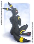  2017 abstract_background artistic_nudity bare_back black_fur browniecomicwriter crossed_arms eeveelution female frown full-length_portrait fur looking_at_viewer mammal markings nintendo nude pok&eacute;mon portrait red_eyes red_sclera signature sitting solo tasteful_nudity umbreon video_games yellow_markings 