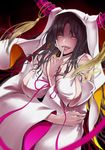  :d akagane_u bare_shoulders black_hair breasts cleavage commentary_request detached_sleeves facial_mark fate/extra fate/extra_ccc fate_(series) finger_licking forehead_mark horns large_breasts licking long_hair long_sleeves looking_at_viewer naughty_face open_mouth sesshouin_kiara sideboob smile solo tongue tongue_out upper_body veil very_long_hair wide_sleeves yellow_eyes 