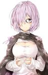  blush breasts cape cleavage_cutout fate/grand_order fate_(series) glasses hair_over_one_eye highres letter looking_at_viewer love_letter mash_kyrielight medium_breasts meme_attire open-chest_sweater purple_eyes purple_hair short_hair silver_(chenwen) simple_background sleeves_past_wrists smile solo sweater white_background 