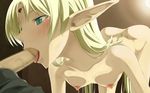  1girl :&gt;= all_fours areolae ass blonde_hair blush breasts censored collarbone deedlit dimples_of_venus fellatio green_eyes highres legs long_hair looking_at_another mosaic_censoring nipples nude oral penis pointy_ears record_of_lodoss_war small_breasts solo_focus teitetsu_kishidan thighs 