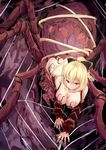  :3 ass bare_shoulders black_bow blonde_hair bow breasts cleavage detached_sleeves hair_between_eyes hair_bow highres insect_girl kurodani_yamame large_breasts light_smile looking_at_viewer monster_girl ponytail red_eyes silk solo spider_girl spider_web touhou yukishiro_arute 