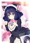  animal_ears bell black_dress black_hair blue_eyes blurry blush bow bowtie cat_ears closed_mouth commentary_request cyan_(show_by_rock!!) depth_of_field dress drill_hair frilled_dress frills hairband jingle_bell lolita_hairband long_sleeves looking_at_viewer necomi paw_pose pink_bow pink_neckwear show_by_rock!! 