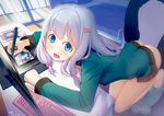  2017 ass ass_mousepad bangs bed black_cola blunt_bangs bow breasts chair commentary_request dated drawing_tablet eromanga_sensei gradient gradient_hair green_eyes green_hood green_jacket hair_bow hair_ornament heart heart-shaped_pupils highres holding holding_stylus hood hood_down hooded_jacket indoors izumi_sagiri jacket keyboard_(computer) kneeling long_hair long_sleeves looking_at_viewer monitor mouse_(computer) mousepad mousepad_(object) multicolored_hair no_panties open_mouth pillow pink_bow purple_hair saliva saliva_trail sidelocks silver_hair small_breasts solo stylus symbol-shaped_pupils teeth window 