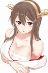  breasts brown_eyes brown_hair cleavage collarbone commentary_request covered_nipples eyebrows_visible_through_hair hair_between_eyes hair_ornament hairclip haruna_(kantai_collection) headgear kantai_collection large_breasts long_hair looking_at_viewer nontraditional_miko off_shoulder open_mouth poco_(backboa) sarashi simple_background solo upper_body white_background 
