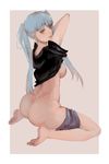  ass bangs barefoot black_shirt blue_hair blush breasts cc_drawing commentary_request dimples_of_venus from_side hatsune_miku lifted_by_self long_hair looking_at_viewer looking_to_the_side medium_breasts no_panties orange_eyes parted_lips shirt shirt_lift short_sleeves shorts shorts_around_one_leg shorts_pull smile solo t-shirt twintails undressing vocaloid 