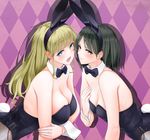  animal_ears black_bow black_hair black_neckwear blonde_hair blue_eyes bow bowtie breasts brown_eyes bunny_ears bunny_tail bunnysuit cleavage cowboy_shot detached_collar fishnet_pantyhose fishnets giba_(out-low) highres huge_breasts leaning_forward leotard long_hair medium_breasts multiple_girls original pantyhose short_hair strapless strapless_leotard tail wrist_cuffs 