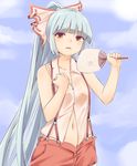  bangs bare_shoulders bow breasts cleavage cloud cloudy_sky collarbone commentary_request day fan fanning_face fanning_self fujiwara_no_mokou hair_bow hair_ribbon highres hot long_hair medium_breasts midriff midriff_peek miyo_(ranthath) navel red_eyes ribbon shirt shorts silver_hair sky sleeveless solo sun suspenders sweat torn_clothes torn_sleeves touhou very_long_hair 