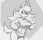  akunim big_breasts breasts female fur grey_background hair hand_on_breast invalid_tag latchkey_kingdom long_hair simple_background solo striped_fur stripes turtleneck_sweater unsure yuman 