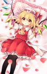  :o absurdres ascot bangs bed_sheet black_legwear blonde_hair blush breasts buttons clenched_hands commentary_request crystal eyebrows_visible_through_hair flandre_scarlet frilled_ascot frilled_cuffs frilled_ribbon frilled_shirt_collar frilled_skirt frills from_above hair_between_eyes hat hat_ribbon highres looking_at_viewer lying mob_cap multicolored multicolored_wings on_back on_bed one_side_up open_mouth orange_eyes petals pillow polka_dot polka_dot_pillow puffy_short_sleeves puffy_sleeves red_ribbon red_skirt red_vest ribbon ruhika shirt short_hair short_sleeves skirt skirt_set small_breasts solo thighhighs touhou vest white_hat white_shirt wings wrist_cuffs yellow_neckwear zettai_ryouiki 