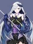  armor bare_shoulders black_dress brynhildr_(fate) dress fate/grand_order fate/prototype fate/prototype:_fragments_of_blue_and_silver fate_(series) gauntlets hair_ornament highres long_hair looking_at_viewer polearm purple_eyes rei_kun short_dress silver_hair very_long_hair weapon 