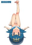  1girl absurdres bare_shoulders blue_eyes blue_hair blush bottomless feet flat_chest full_body highres legs looking_at_viewer lying navel on_back one_leg_raised pokemon pokemon_(game) pokemon_sm short_hair sleeveless sleeveless_shirt smile solo suiren_(pokemon) trial_captain 