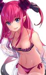  absurdres asymmetrical_horns bare_shoulders bikini blue_eyes blush breasts collarbone detached_sleeves dragon_tail elizabeth_bathory_(fate) elizabeth_bathory_(fate)_(all) fang fate/extella fate/extra fate/extra_ccc fate/grand_order fate_(series) gendo0032 highres horns lips long_hair looking_at_viewer navel open_clothes open_mouth open_shirt pink_bikini pink_hair pointy_ears see-through shirt side-tie_bikini small_breasts solo swimsuit swimsuit_under_clothes tail thighs two_side_up wading water wet wet_clothes 