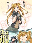  abukuma_(kantai_collection) ahoge bangs black_gloves black_hair blonde_hair blue_eyes buttons commentary_request double_bun fingerless_gloves gloves hair_between_eyes hair_rings highres imagining kantai_collection long_hair motion_lines multiple_girls negahami open_mouth pleated_skirt remodel_(kantai_collection) school_uniform serafuku skirt smile smug sparkle translated turning_head twintails ushio_(kantai_collection) 