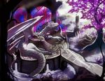  chromamancer claws curved_horn detailed_background dragon feral horn melee_weapon scales scalie solo sword weapon western_dragon white_eyes white_scales 