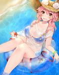  animal_ears bikini blue_bikini blush breasts cleavage collarbone ears_through_headwear fang fate/grand_order fate_(series) fox_ears hat highres large_breasts long_hair looking_at_viewer looking_up maria_(maria0304) ocean open_mouth partially_submerged pink_hair see-through shirt side-tie_bikini solo straw_hat sun_hat swimsuit swimsuit_under_clothes t-shirt tamamo_(fate)_(all) tamamo_no_mae_(fate) tamamo_no_mae_(swimsuit_lancer)_(fate) water wet wet_clothes wet_shirt wet_t-shirt yellow_eyes 
