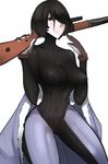  black_hair bodysuit breasts brown_eyes brown_gloves clothes_around_waist commentary gloves gun hair_over_one_eye jacket_around_waist large_breasts marina_wulfstan over_shoulder ribbed_bodysuit rifle scathegrapes senjou_no_valkyria senjou_no_valkyria_1 short_hair skin_tight sniper_rifle solo weapon weapon_over_shoulder 