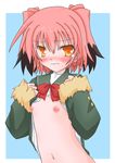 asagiri_hayate bangs blush fang_out flat_chest fur-trimmed_sleeves fur_trim highres kantai_collection kunashiri_(kantai_collection) long_sleeves multicolored_hair nipples open_clothes open_shirt pink_hair red_neckwear school_uniform shirt solo tears two-tone_hair two_side_up wavy_mouth yellow_eyes 