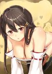  bare_shoulders black_hair black_legwear blush boots breasts brown_eyes cleavage commentary_request detached_sleeves eyebrows_visible_through_hair hair_between_eyes hair_ornament hairband hairclip haruna_(kantai_collection) japanese_clothes kantai_collection large_breasts long_hair nontraditional_miko parted_lips poco_(backboa) remodel_(kantai_collection) ribbon-trimmed_sleeves ribbon_trim sarashi solo thigh_boots thighhighs 