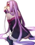  ass blindfold boots collar dress elbow_gloves facial_mark fate/stay_night fate_(series) forehead_mark gloves long_hair nameless_dagger panties purple_eyes purple_hair rider shinooji sitting sleeveless solo strapless strapless_dress thigh_boots thighhighs underwear very_long_hair wariza 