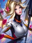  artist_name blonde_hair blue_eyes blue_sky blush bodysuit breasts cherry_blossoms cloud cowboy_shot emblem eyelashes eyeliner eyeshadow glowing glowing_wings hair_tie high_ponytail highres holding holding_staff looking_at_viewer makeup marker_(medium) mechanical_halo mechanical_wings medium_breasts mercy_(overwatch) michelle_hoefener nose outdoors overwatch parted_lips patreon_logo patreon_username petals pink_lips signature sky smile solo spread_wings staff traditional_media wings yellow_wings 
