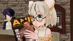  3d animal_ears billy_herrington black_eyes blood blush cafe cat_ears chisame_(inter32_0519) commentary_request emperor_penguin_(kemono_friends) female_pervert glasses highres kemono_friends magazine margay_(kemono_friends) mikumikudance multiple_girls nosebleed pervert pornography 