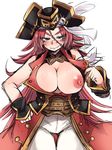  1girl bare_shoulders blue_eyes blush breasts breasts_outside choker cleavage coat fate/extra fate/grand_order fate_(series) grin hat long_hair nipples open_mouth pants pink_hair rider_(fate/extra) scar sharp_teeth 