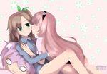  2girls blonde_hair blush breasts brown_hair choujigen_game_neptune compa eyes_closed green_eyes hair_ornament hairband if_(choujigen_game_neptune) kissing long_hair multiple_girls neptune_(series) pink_hair smile yuri 