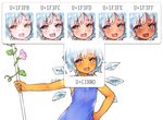  alternate_skin_color blue_dress blue_eyes blue_hair cirno commentary dress emoji flower ice ice_wings laoism open_mouth plant short_hair solo tan tanned_cirno touhou unicode vines wings 