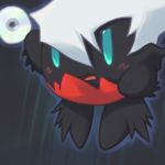  action_pose black_body blue_eyes blush crossover dark_background darkrai disc hair hybrid kirby kirby_(series) legendary_pok&eacute;mon low_res nintendo open_mouth outline pok&eacute;mon simple_background video_games white_hair zaikudo 